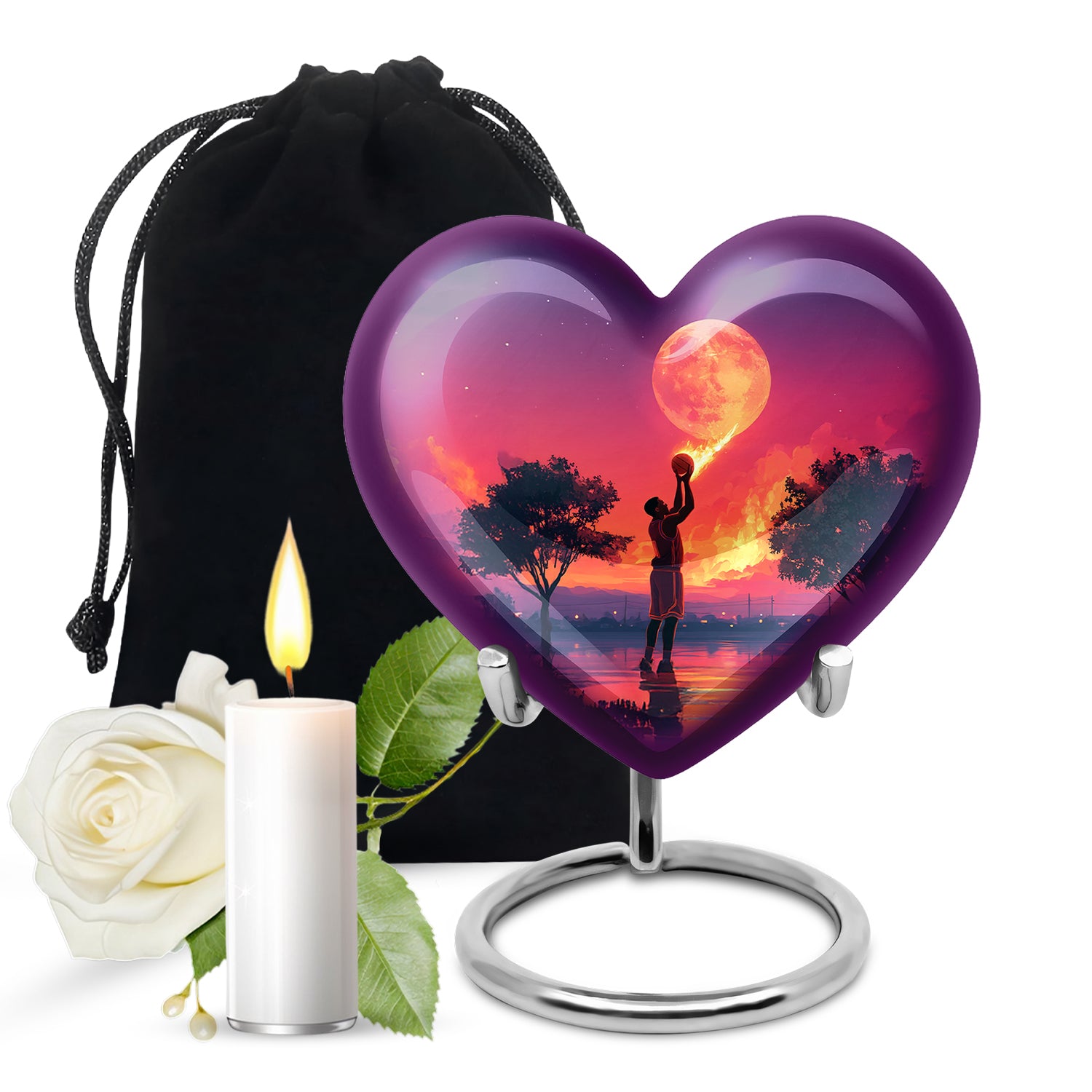 Misty Blue Basketball Cremation Urn detail view - heart-shaped basketball design symbolizing eternal love - full-size 10 inch 200 cubic inch adult cremation urn