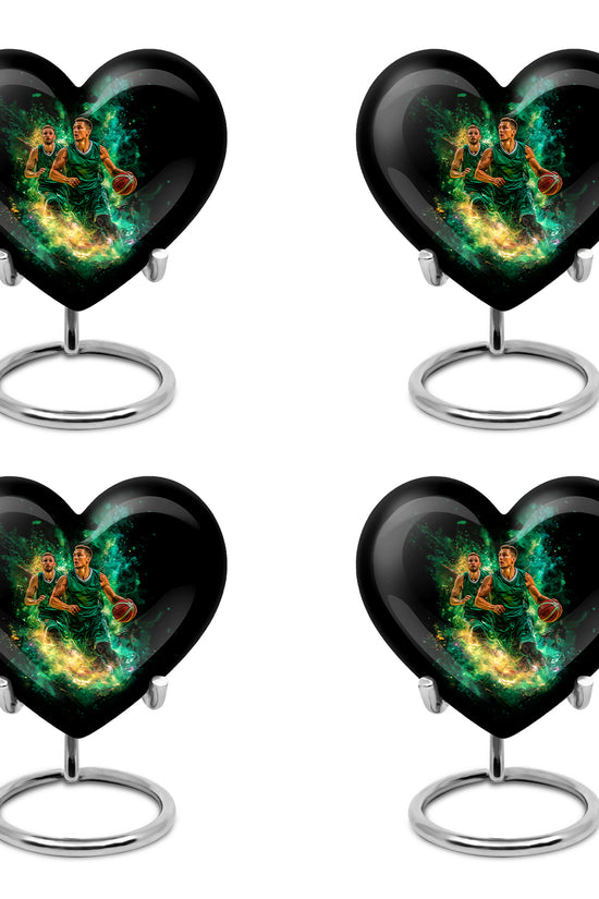 Glossy Black Basketball Cremation Urn angled view of lid and engraved motif - heart-shaped basketball design symbolizing eternal love - 10 inch aluminum urn for cremated remains