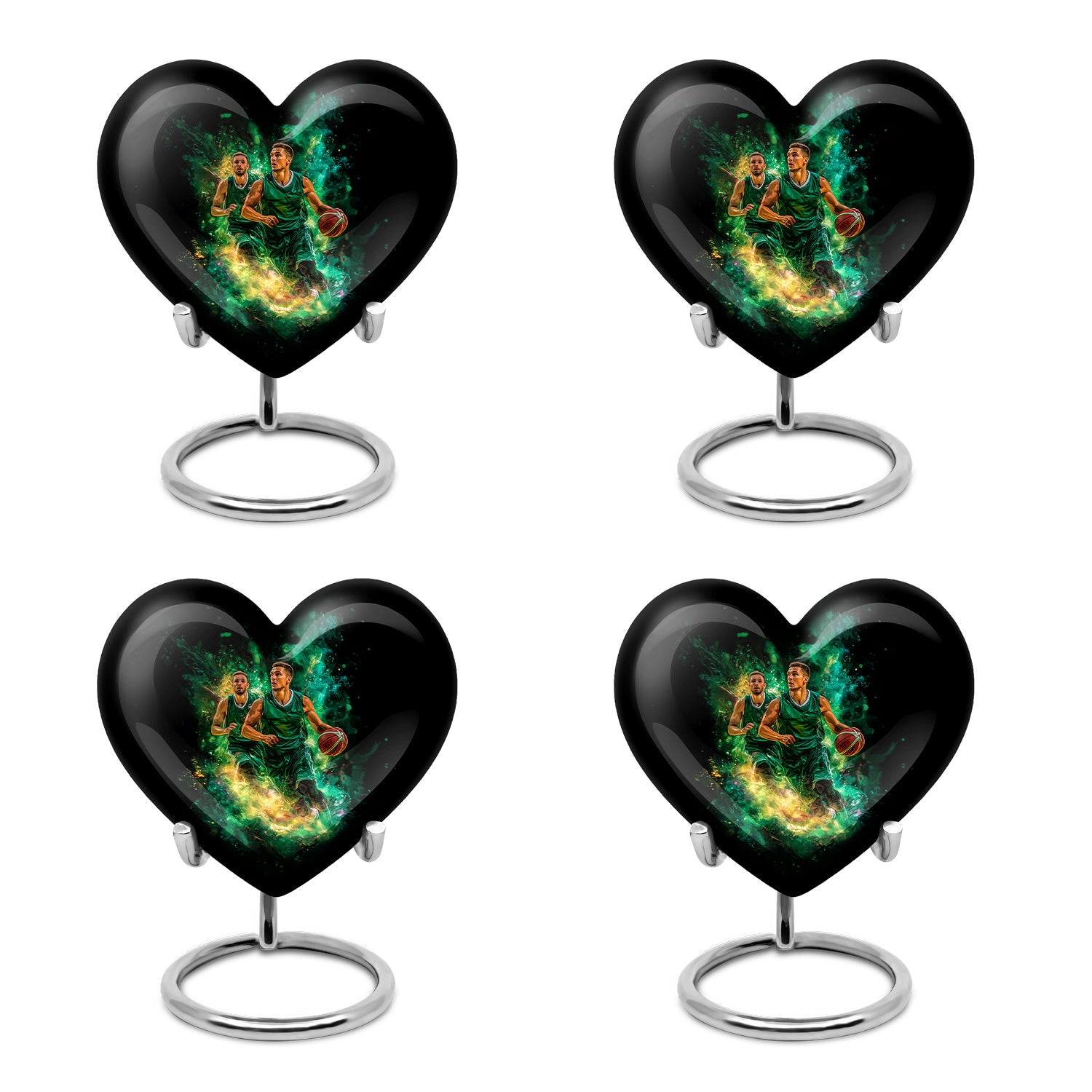 Glossy Black Basketball Cremation Urn angled view of lid and engraved motif - heart-shaped basketball design symbolizing eternal love - 10 inch aluminum urn for cremated remains