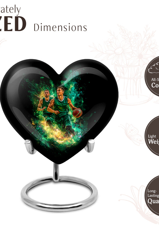 Obsidian Black Basketball Cremation Urn front view showing detailed design - compassionate heart-basketball combination with gentle curves - mini keepsake memorial for portion of cremation ashes