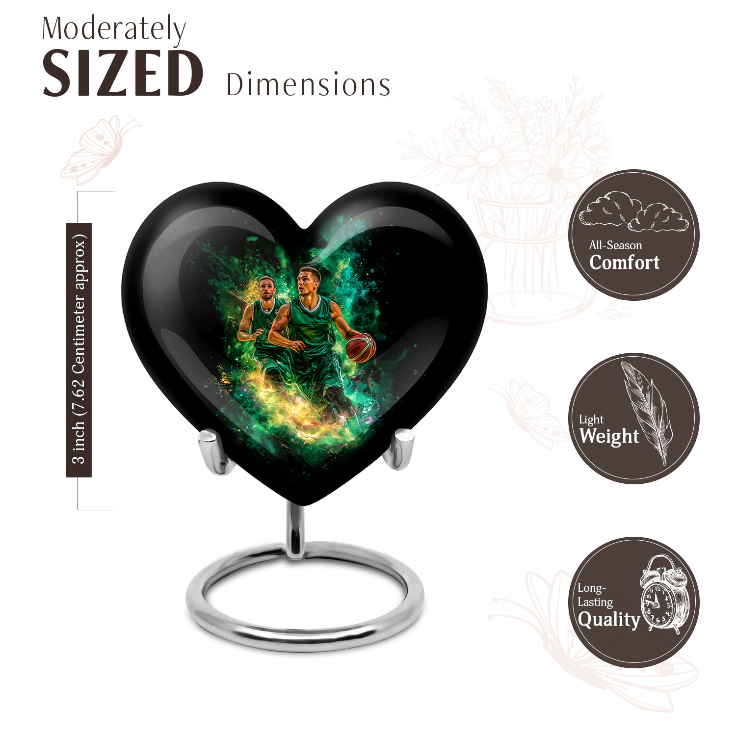 Obsidian Black Basketball Cremation Urn front view showing detailed design - compassionate heart-basketball combination with gentle curves - mini keepsake memorial for portion of cremation ashes