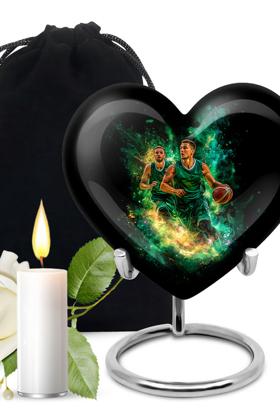 Onyx Black Basketball Cremation Urn detail view - romantic heart urn with basketball motif on aluminum - full-size 10 inch 200 cubic inch adult cremation urn
