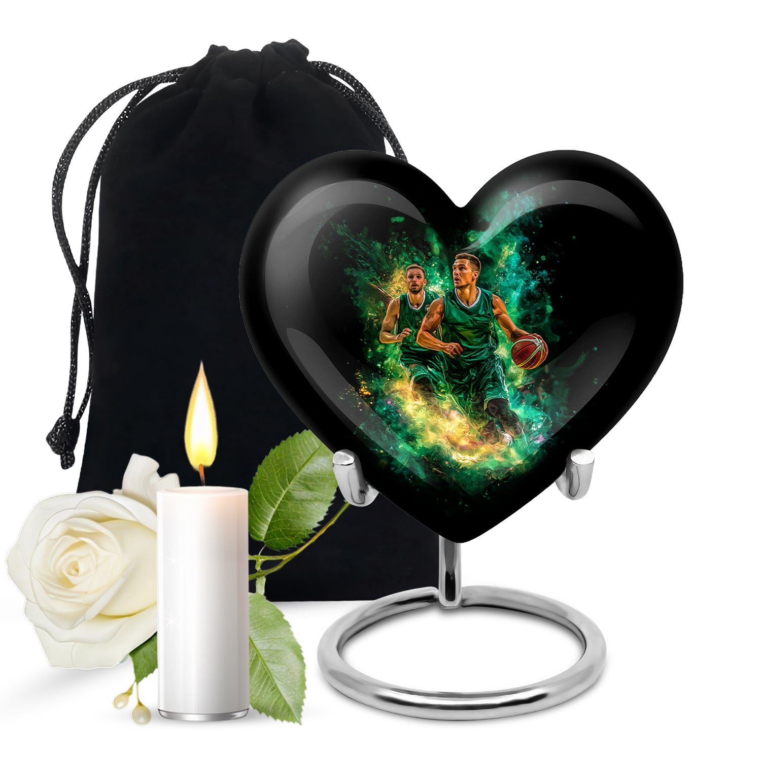 Onyx Black Basketball Cremation Urn detail view - romantic heart urn with basketball motif on aluminum - full-size 10 inch 200 cubic inch adult cremation urn