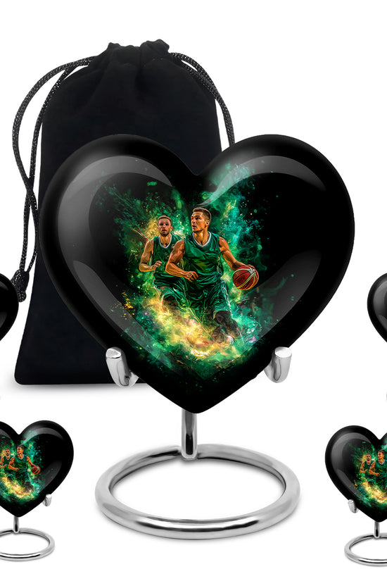 Charcoal Black Basketball Cremation Urn close-up of engraving and surface detail - romantic heart urn with basketball motif on aluminum - memorial set with one large and four small urns