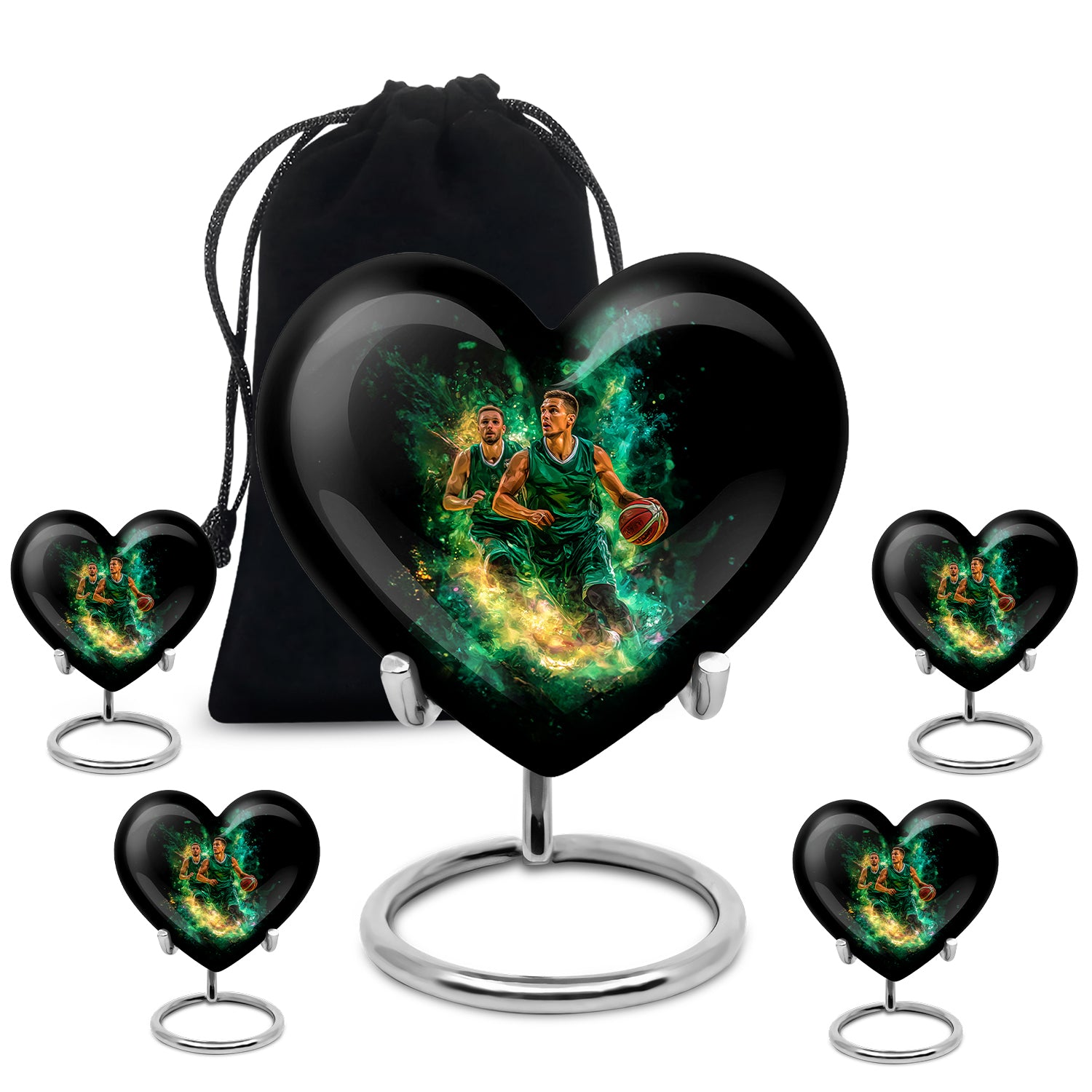Charcoal Black Basketball Cremation Urn close-up of engraving and surface detail - romantic heart urn with basketball motif on aluminum - memorial set with one large and four small urns