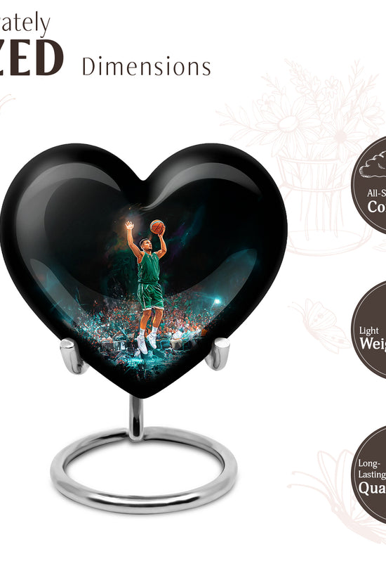 Dark Black Basketball Cremation Urn front view showing detailed design - romantic heart urn with basketball motif on aluminum - mini keepsake memorial for portion of cremation ashes
