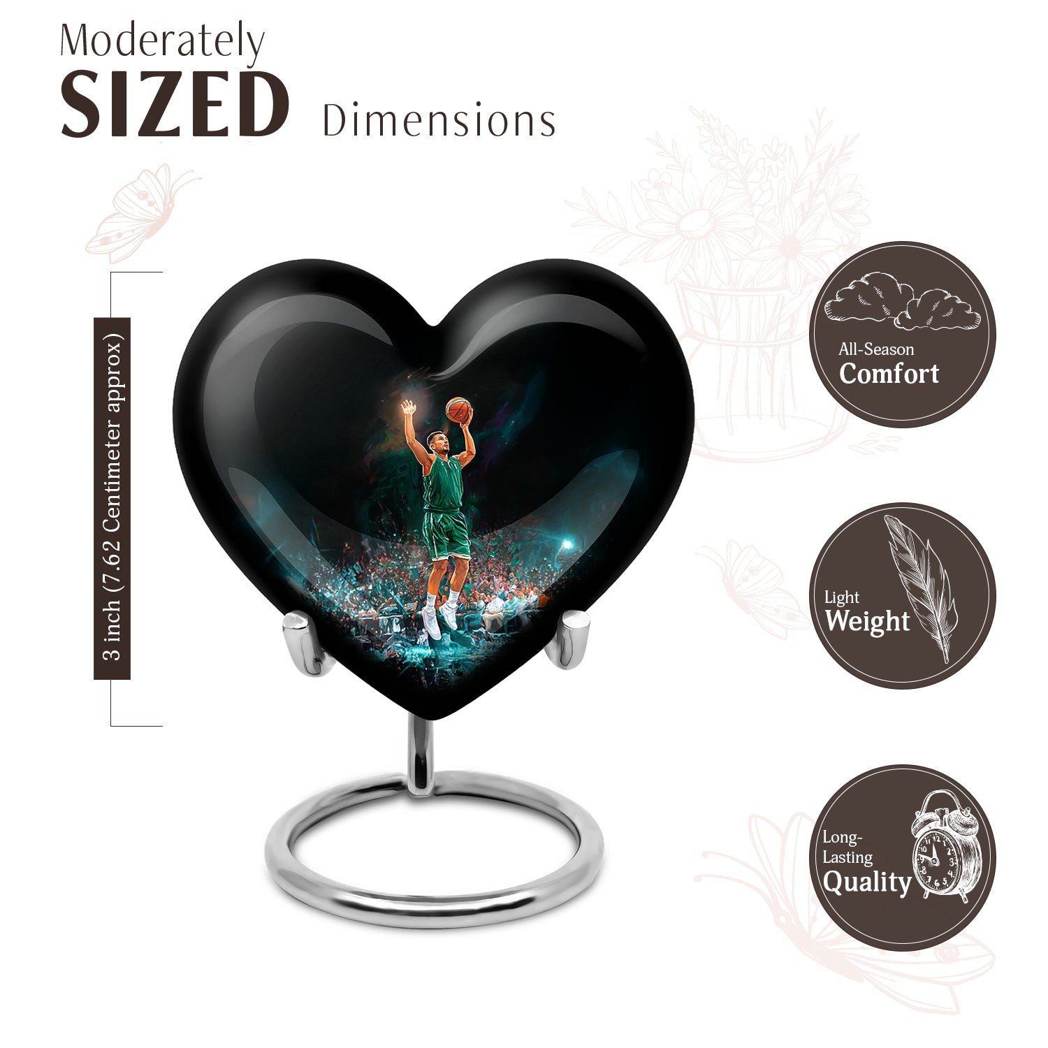 Dark Black Basketball Cremation Urn front view showing detailed design - romantic heart urn with basketball motif on aluminum - mini keepsake memorial for portion of cremation ashes
