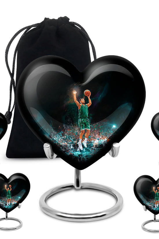 Onyx Black Basketball Cremation Urn close-up of engraving and surface detail - romantic heart urn with basketball motif on aluminum - memorial set with one large and four small urns