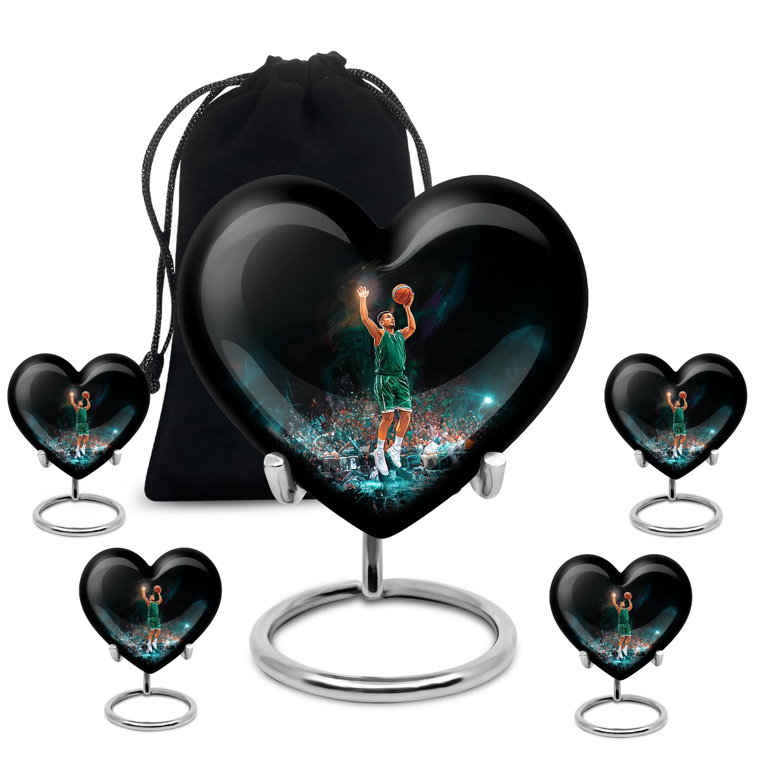 Onyx Black Basketball Cremation Urn close-up of engraving and surface detail - romantic heart urn with basketball motif on aluminum - memorial set with one large and four small urns