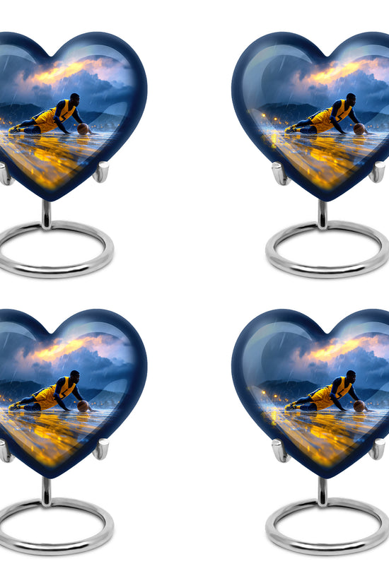 Navy Blue Basketball Cremation Urn angled view of lid and engraved motif - loving heart memorial featuring basketball pattern - 10 inch aluminum urn for cremated remains