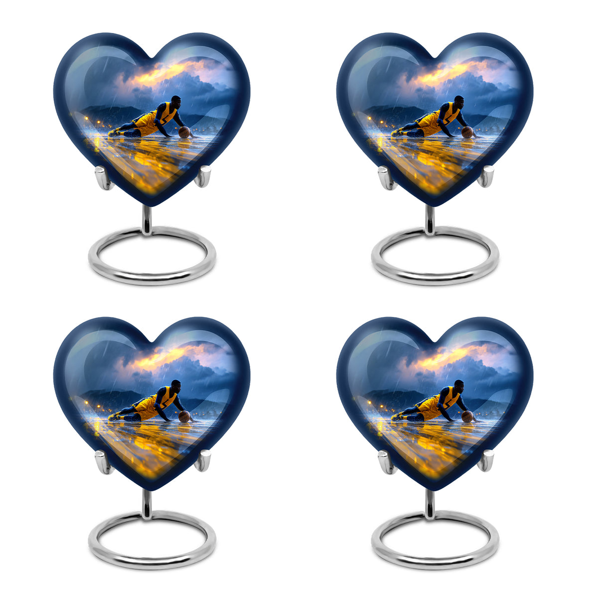 Navy Blue Basketball Cremation Urn angled view of lid and engraved motif - loving heart memorial featuring basketball pattern - 10 inch aluminum urn for cremated remains