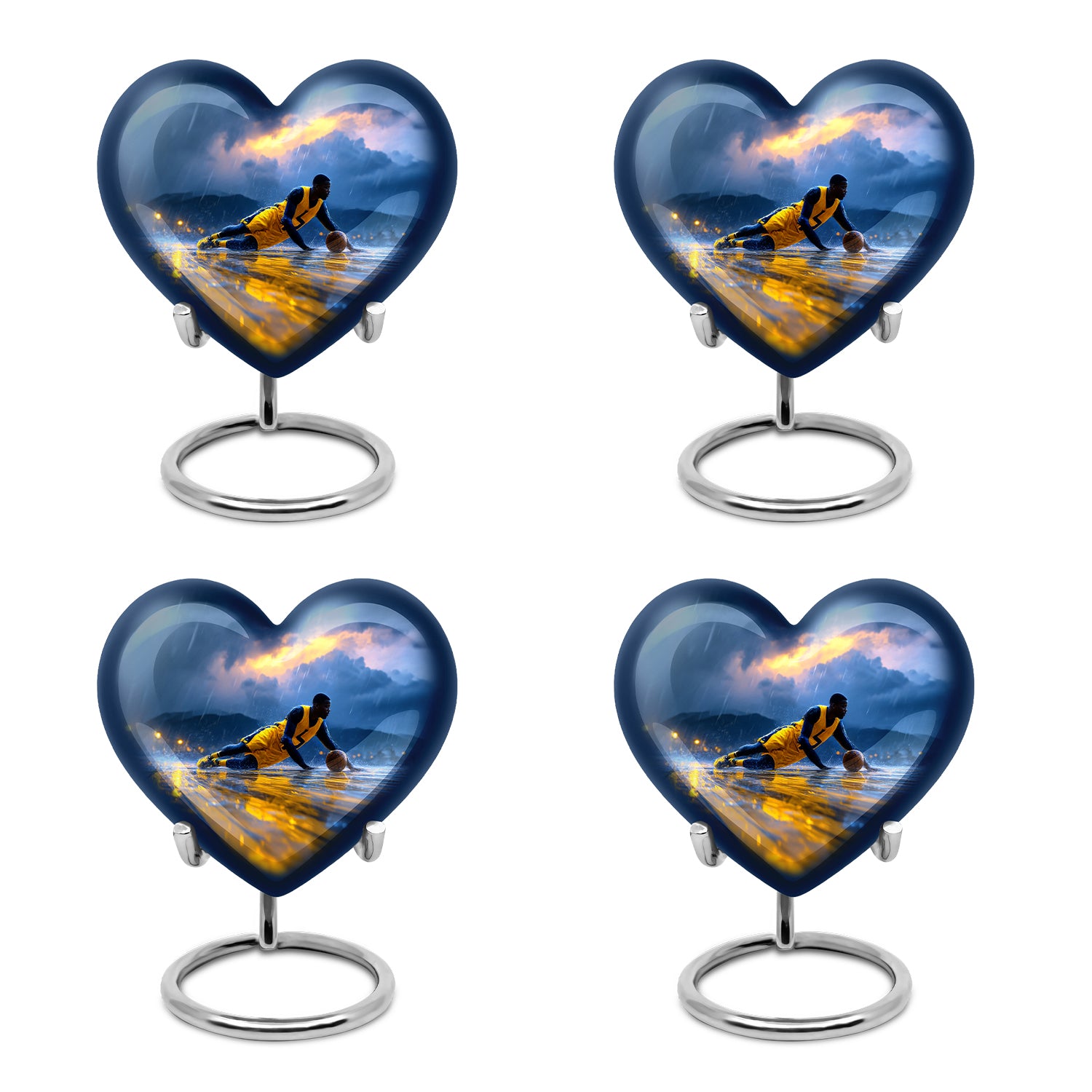 Navy Blue Basketball Cremation Urn angled view of lid and engraved motif - loving heart memorial featuring basketball pattern - 10 inch aluminum urn for cremated remains