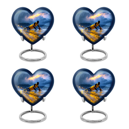 Navy Blue Basketball Cremation Urn angled view of lid and engraved motif - loving heart memorial featuring basketball pattern - 10 inch aluminum urn for cremated remains
