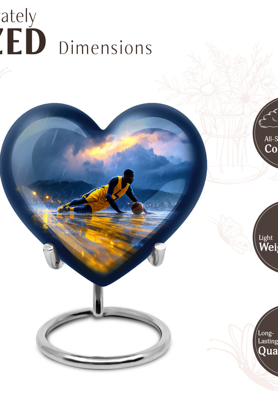 Cornflower Blue Basketball Cremation Urn front view showing detailed design - compassionate heart-basketball combination with gentle curves - mini keepsake memorial for portion of cremation ashes
