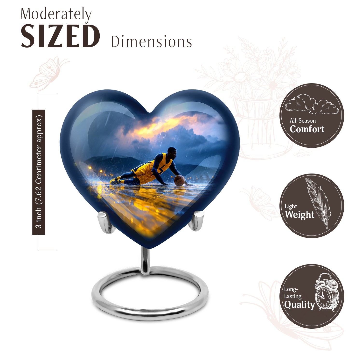 Cornflower Blue Basketball Cremation Urn front view showing detailed design - compassionate heart-basketball combination with gentle curves - mini keepsake memorial for portion of cremation ashes