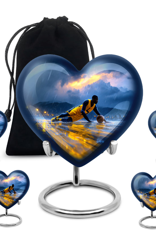 Sky Blue Basketball Cremation Urn close-up of engraving and surface detail - heart-shaped basketball design symbolizing eternal love - memorial set with one large and four small urns
