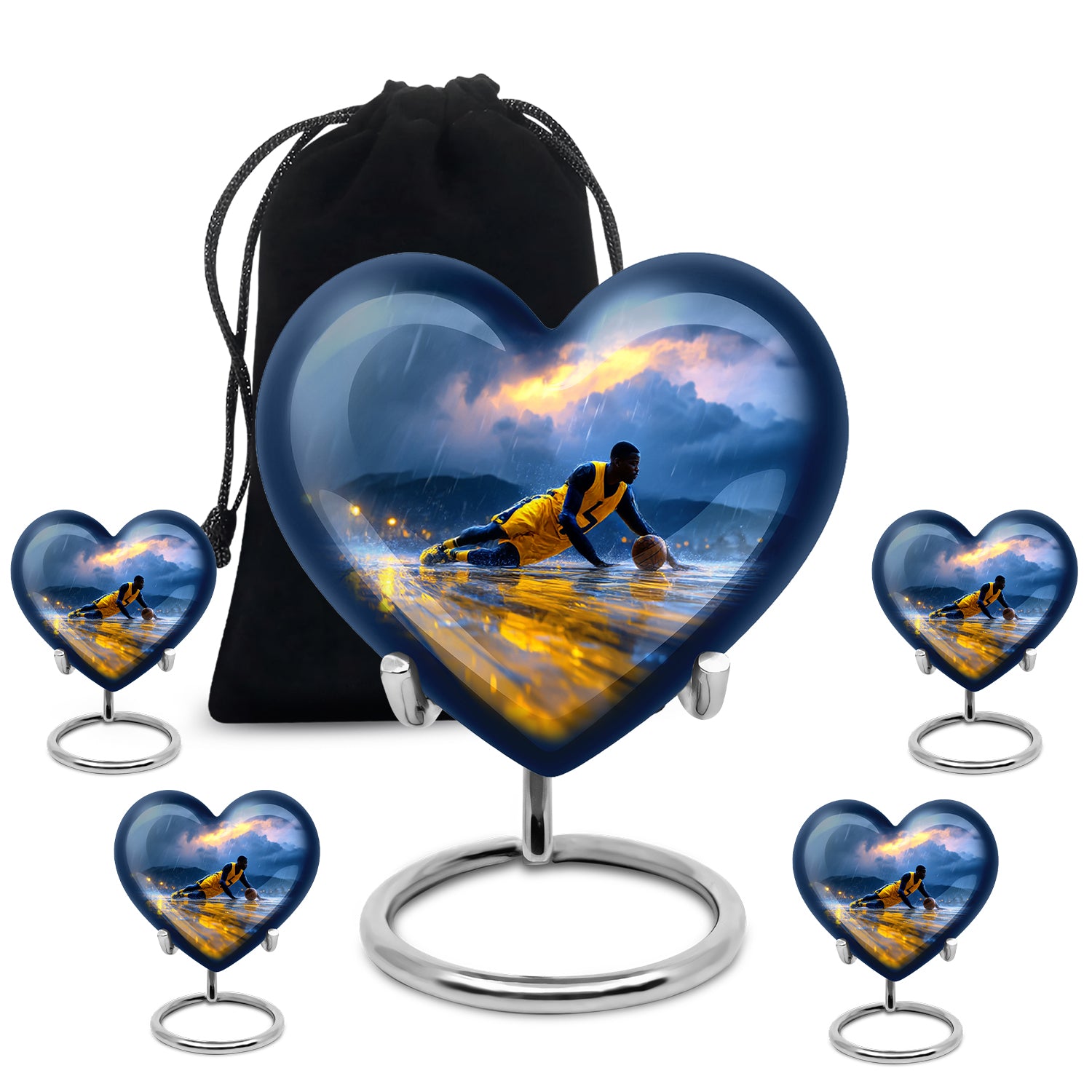 Sky Blue Basketball Cremation Urn close-up of engraving and surface detail - heart-shaped basketball design symbolizing eternal love - memorial set with one large and four small urns