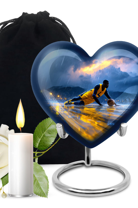 Soft Blue Basketball Cremation Urn detail view - romantic heart urn with basketball motif on aluminum - full-size 10 inch 200 cubic inch adult cremation urn