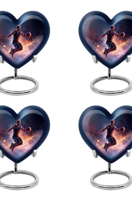 Dusty Blue Basketball Cremation Urn angled view of lid and engraved motif - heart-shaped basketball design symbolizing eternal love - 10 inch aluminum urn for cremated remains