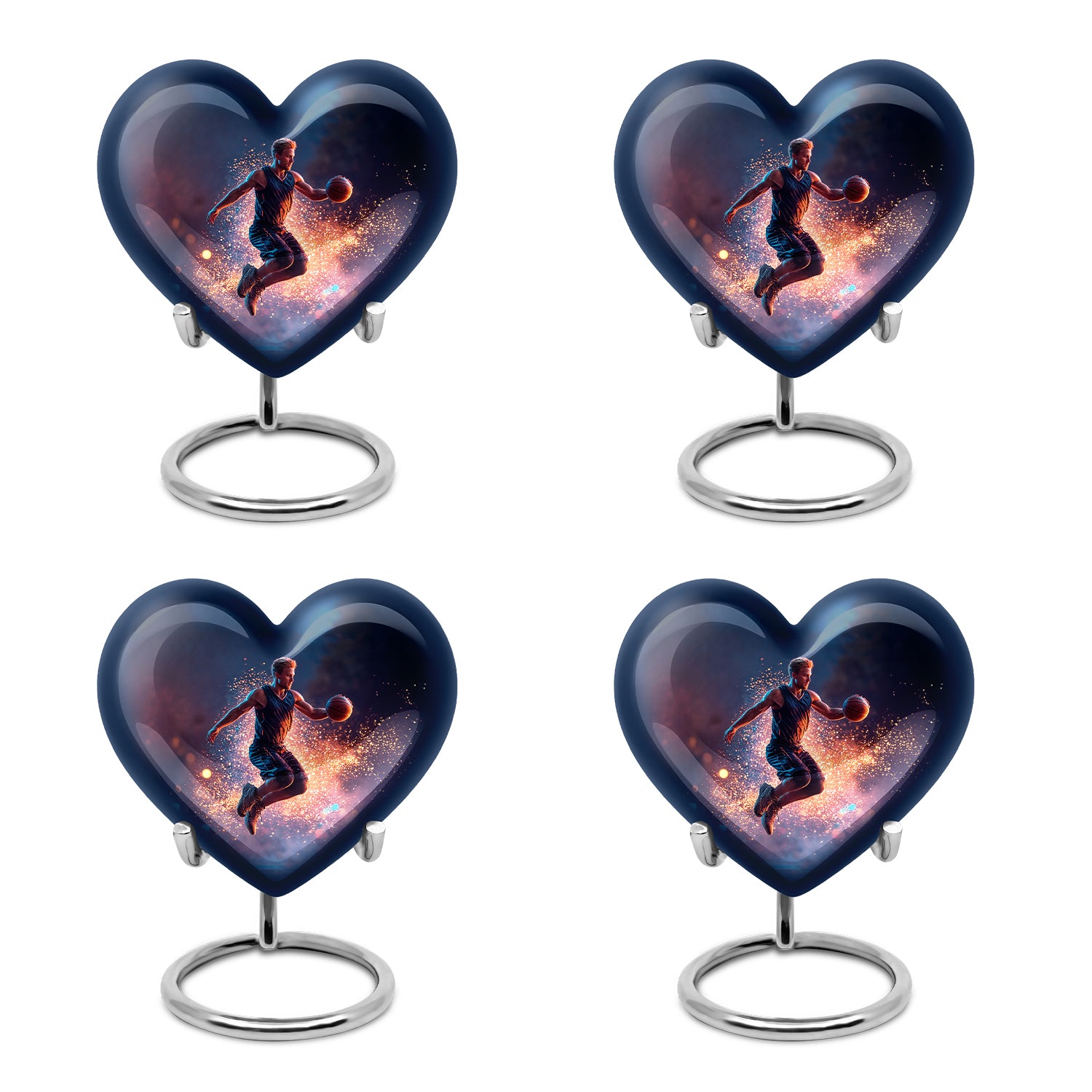 Dusty Blue Basketball Cremation Urn angled view of lid and engraved motif - heart-shaped basketball design symbolizing eternal love - 10 inch aluminum urn for cremated remains