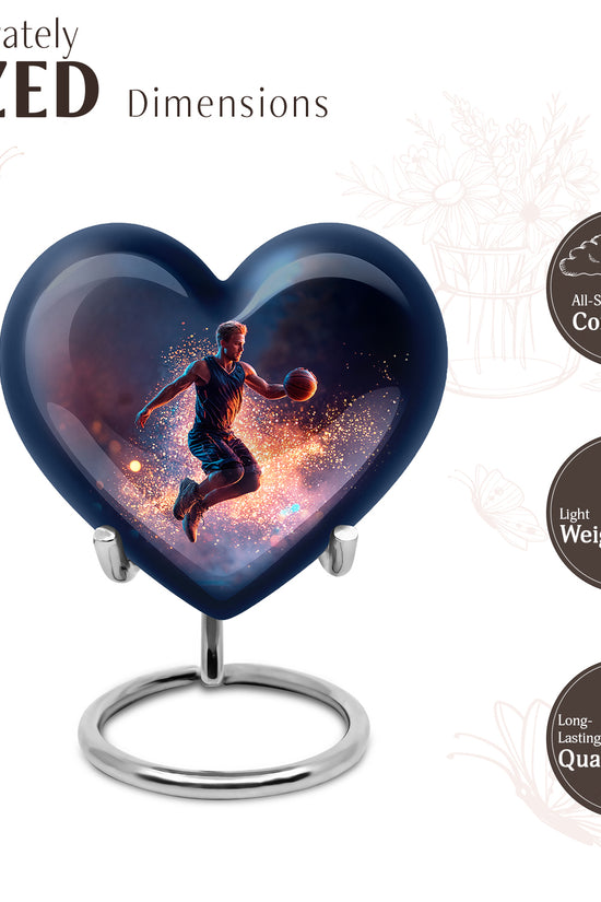 Serene Blue Basketball Cremation Urn front view showing detailed design - romantic heart urn with basketball motif on aluminum - mini keepsake memorial for portion of cremation ashes