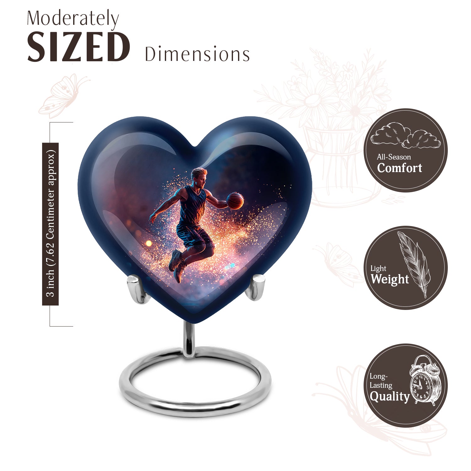Serene Blue Basketball Cremation Urn front view showing detailed design - romantic heart urn with basketball motif on aluminum - mini keepsake memorial for portion of cremation ashes