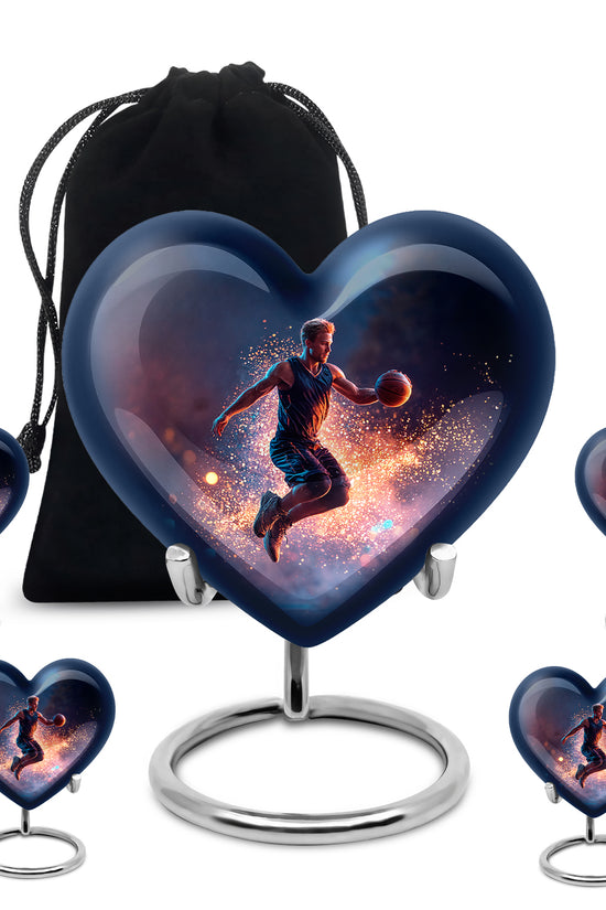 Vivid Blue Basketball Cremation Urn close-up of engraving and surface detail - compassionate heart-basketball combination with gentle curves - memorial set with one large and four small urns