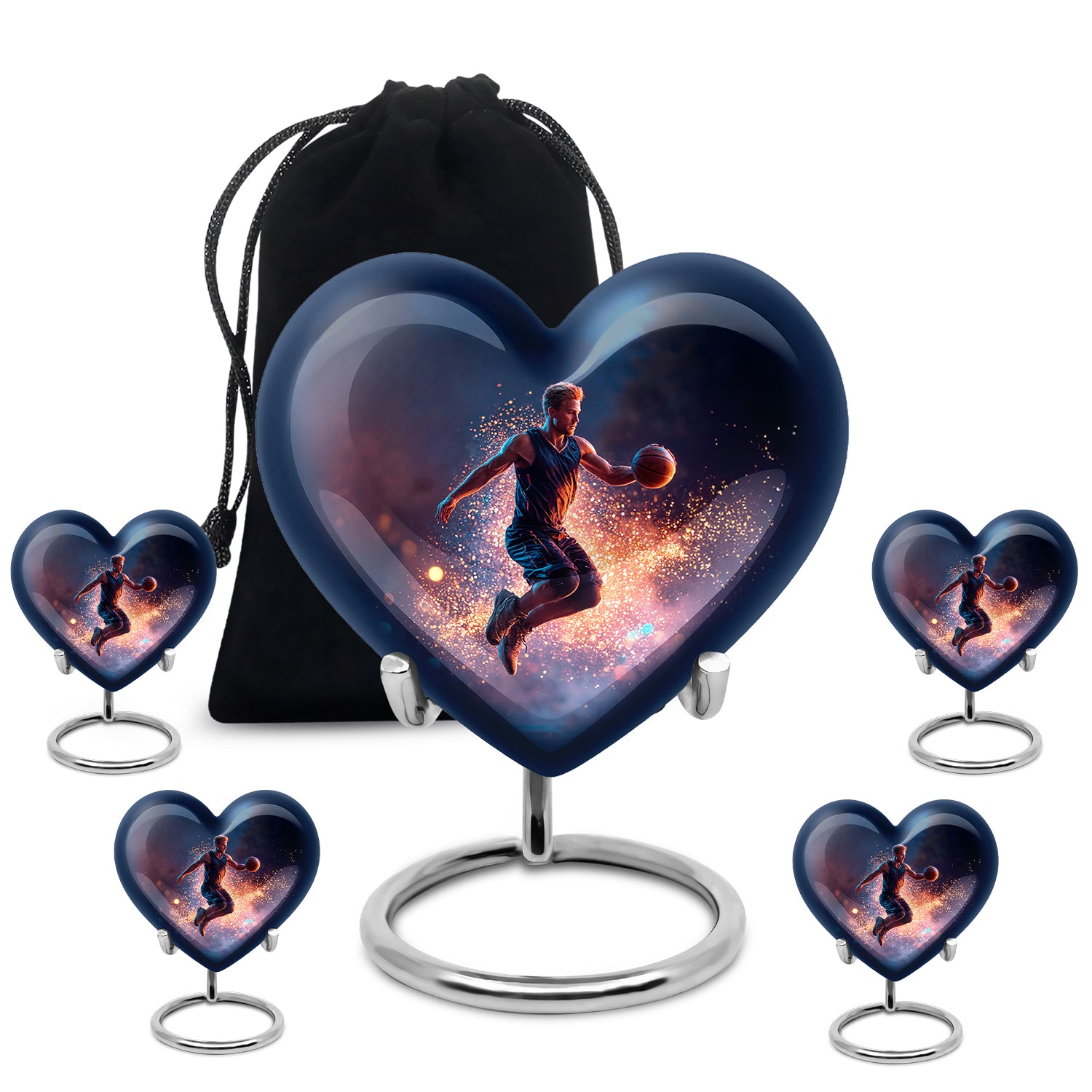 Vivid Blue Basketball Cremation Urn close-up of engraving and surface detail - compassionate heart-basketball combination with gentle curves - memorial set with one large and four small urns