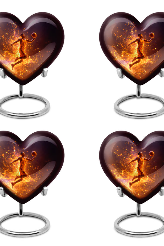 Rich Black Basketball Cremation Urn angled view of lid and engraved motif - heart-shaped basketball design symbolizing eternal love - 10 inch aluminum urn for cremated remains