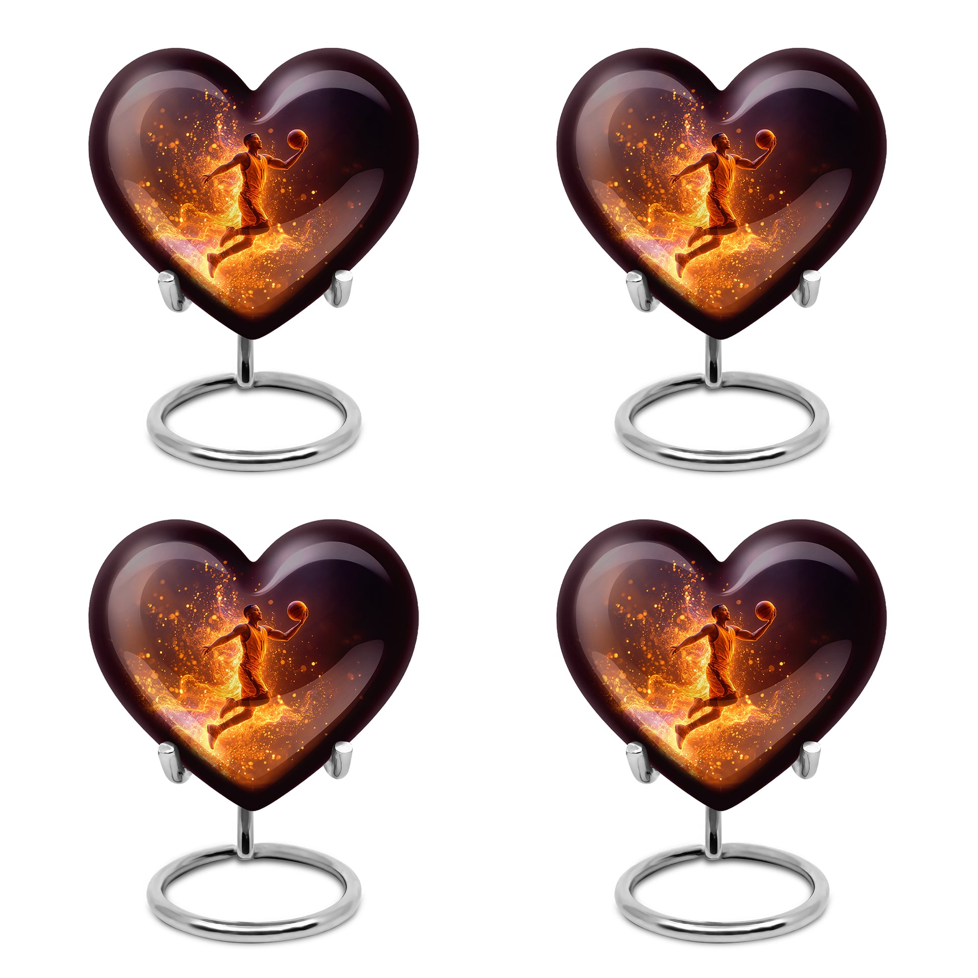 Rich Black Basketball Cremation Urn angled view of lid and engraved motif - heart-shaped basketball design symbolizing eternal love - 10 inch aluminum urn for cremated remains