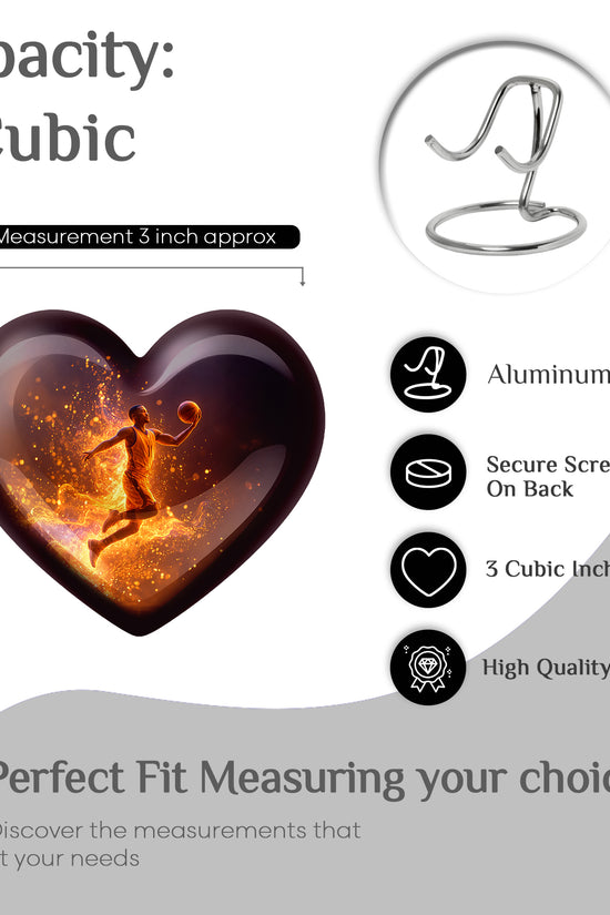 Jet Black Basketball Cremation Urn front view showing detailed design - loving heart memorial featuring basketball pattern - mini keepsake memorial for portion of cremation ashes