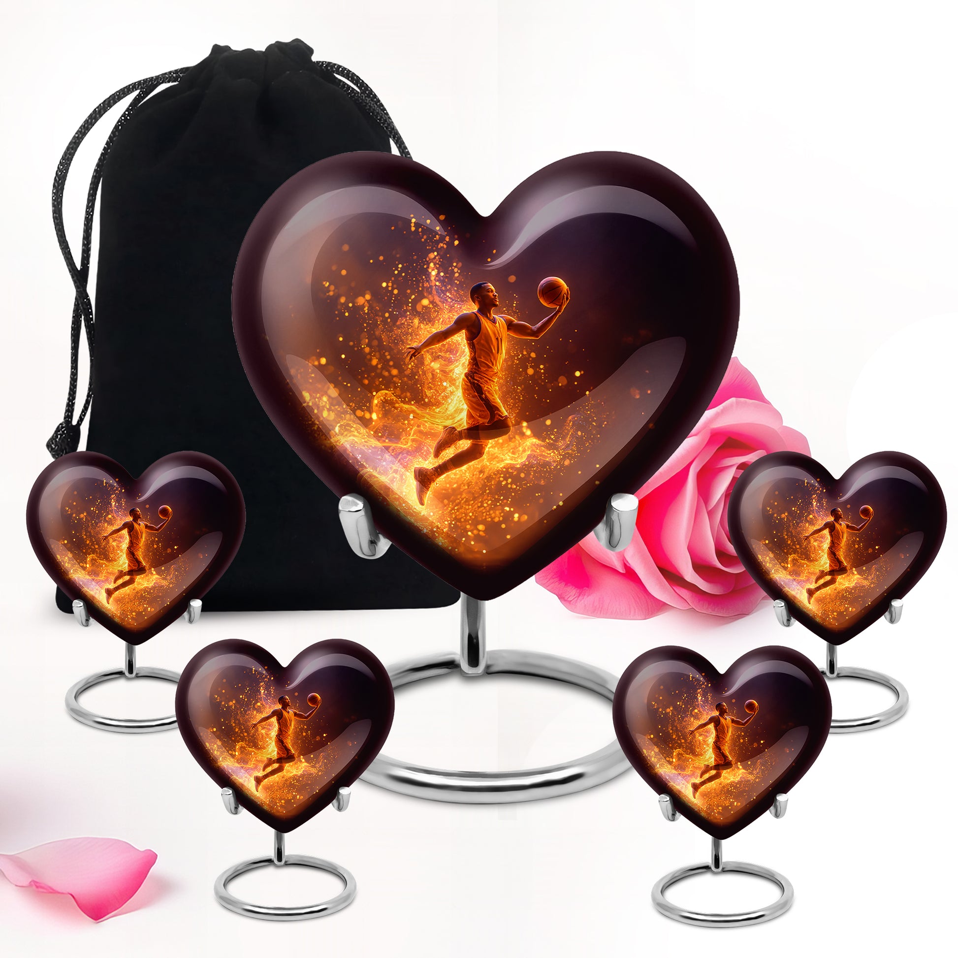 Glossy Black Basketball Cremation Urn close-up of engraving and surface detail - heart-shaped basketball design symbolizing eternal love - memorial set with one large and four small urns
