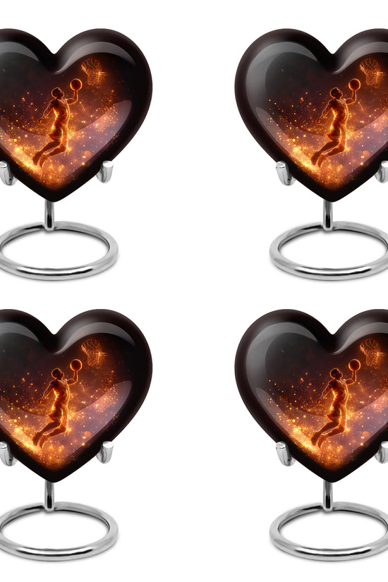Ebony Basketball Cremation Urn angled view of lid and engraved motif - heart-shaped basketball design symbolizing eternal love - 10 inch aluminum urn for cremated remains