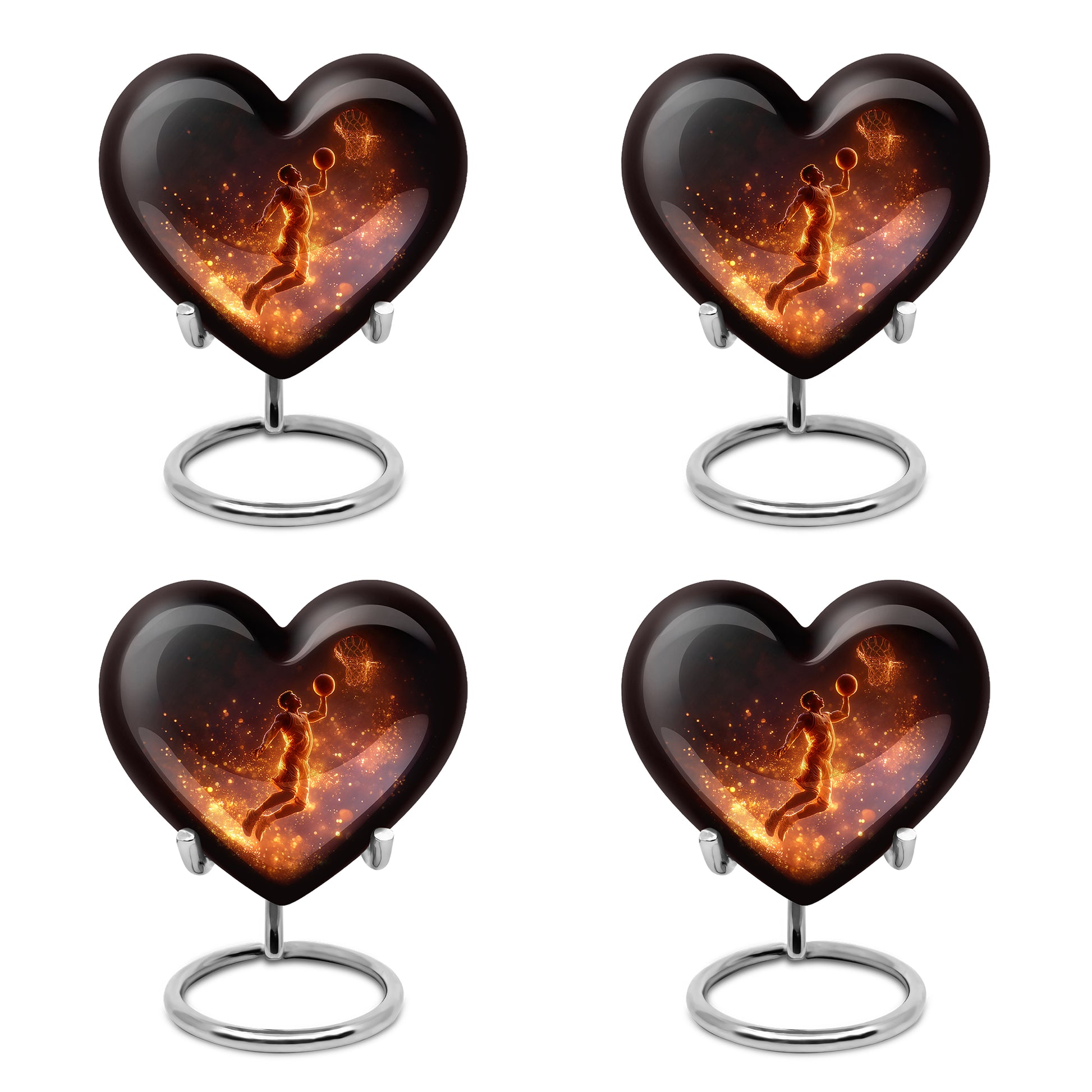 Ebony Basketball Cremation Urn angled view of lid and engraved motif - heart-shaped basketball design symbolizing eternal love - 10 inch aluminum urn for cremated remains