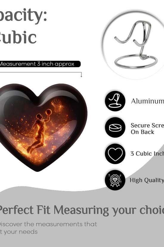 Charcoal Black Basketball Cremation Urn front view showing detailed design - romantic heart urn with basketball motif on aluminum - mini keepsake memorial for portion of cremation ashes