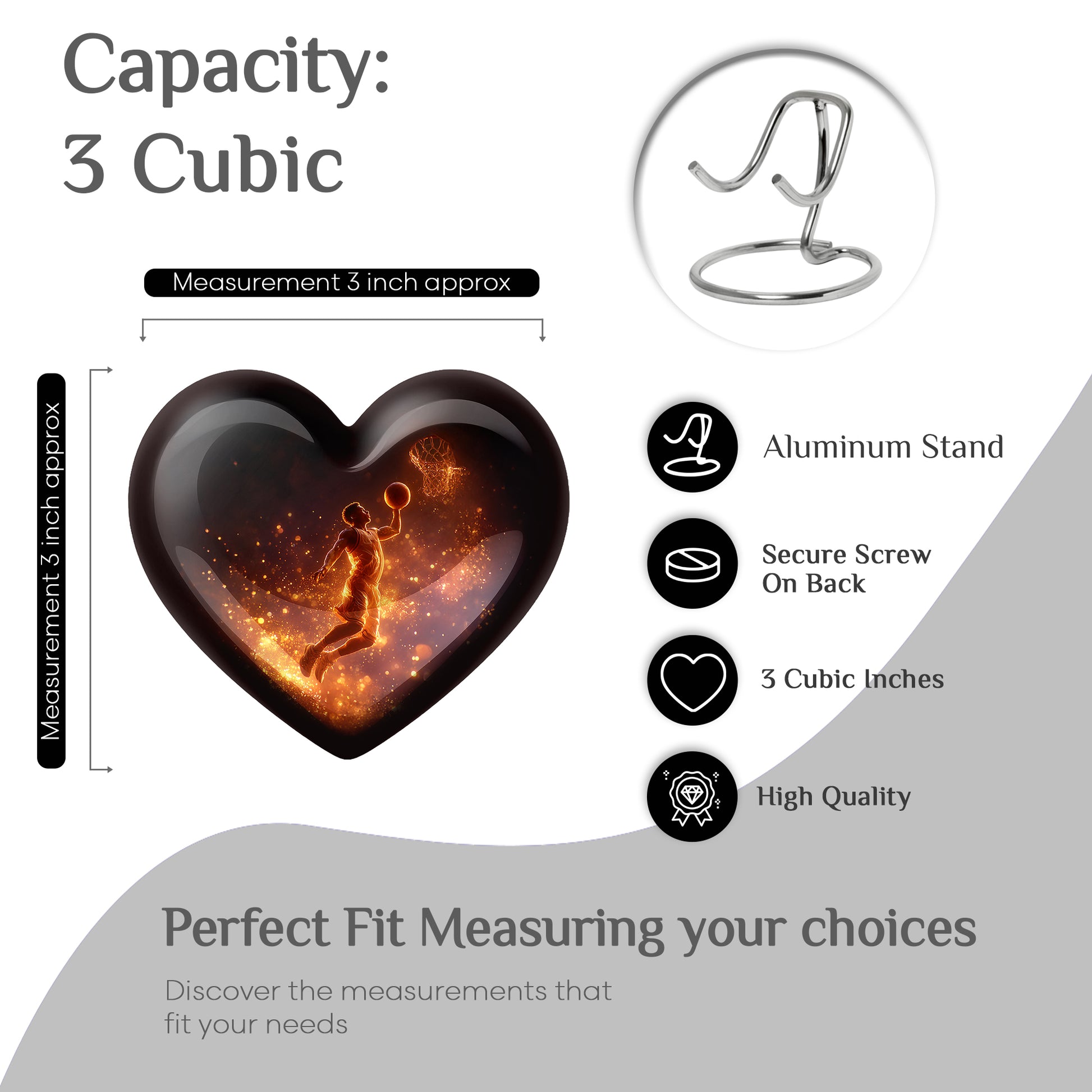 Charcoal Black Basketball Cremation Urn front view showing detailed design - romantic heart urn with basketball motif on aluminum - mini keepsake memorial for portion of cremation ashes