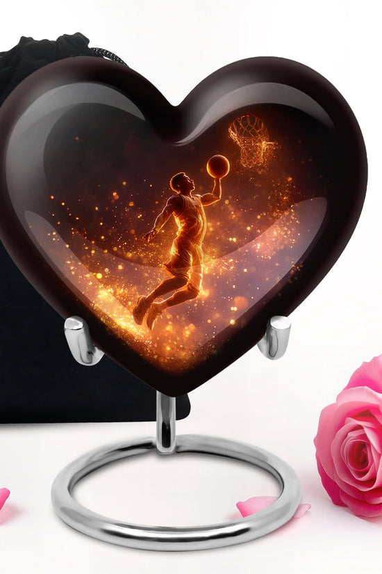 Midnight Black Basketball Cremation Urn detail view - romantic heart urn with basketball motif on aluminum - full-size 10 inch 200 cubic inch adult cremation urn