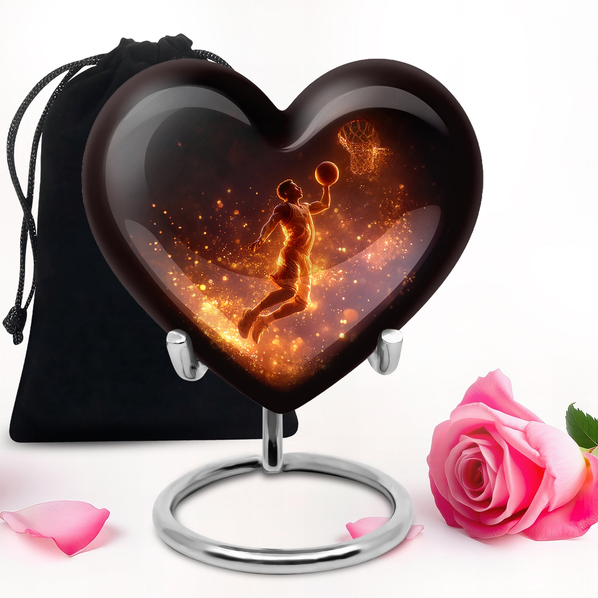 Midnight Black Basketball Cremation Urn detail view - romantic heart urn with basketball motif on aluminum - full-size 10 inch 200 cubic inch adult cremation urn