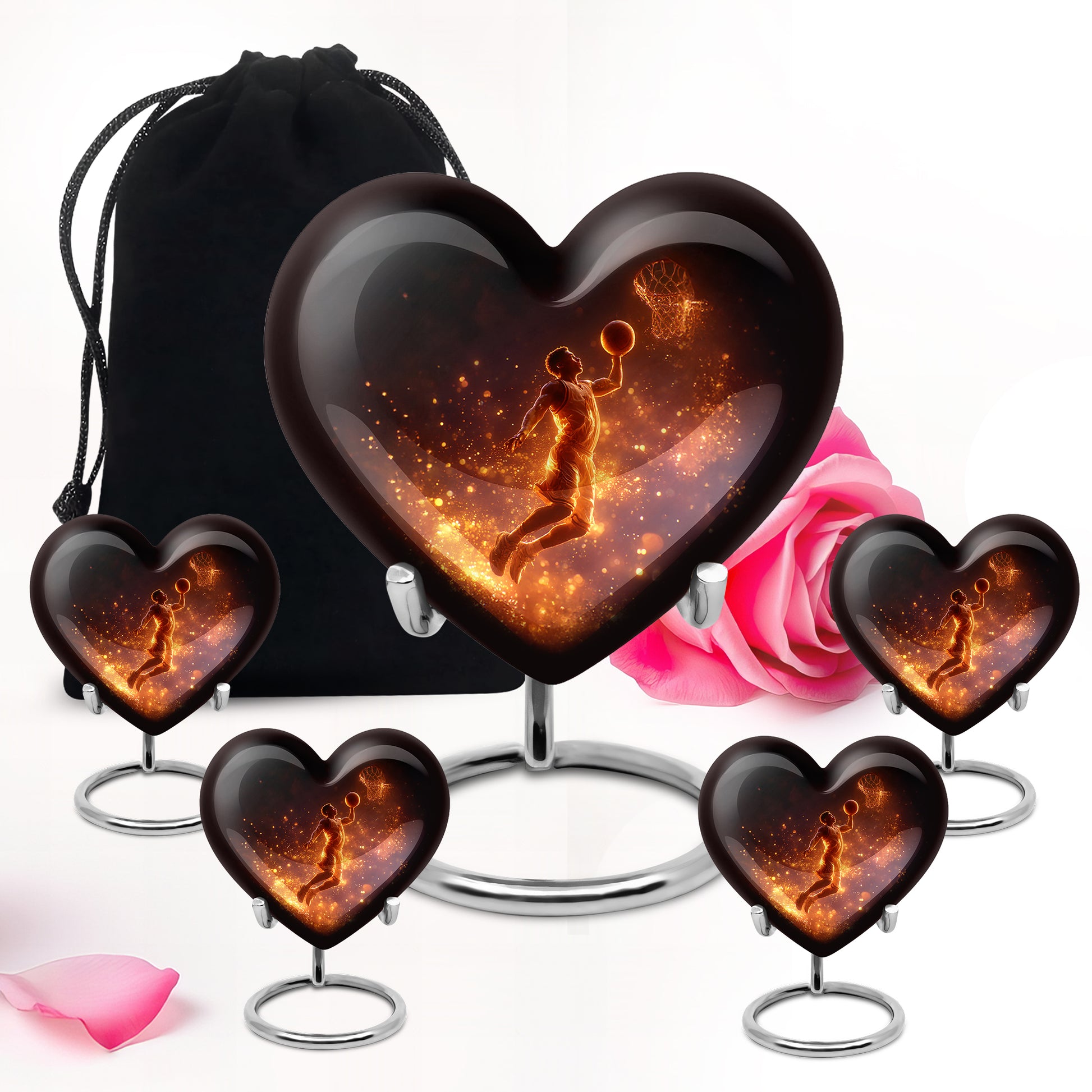 Charcoal Black Basketball Cremation Urn close-up of engraving and surface detail - romantic heart urn with basketball motif on aluminum - memorial set with one large and four small urns