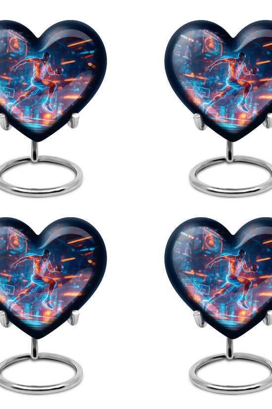 Vivid Blue Basketball Cremation Urn angled view of lid and engraved motif - romantic heart urn with basketball motif on aluminum - 10 inch aluminum urn for cremated remains