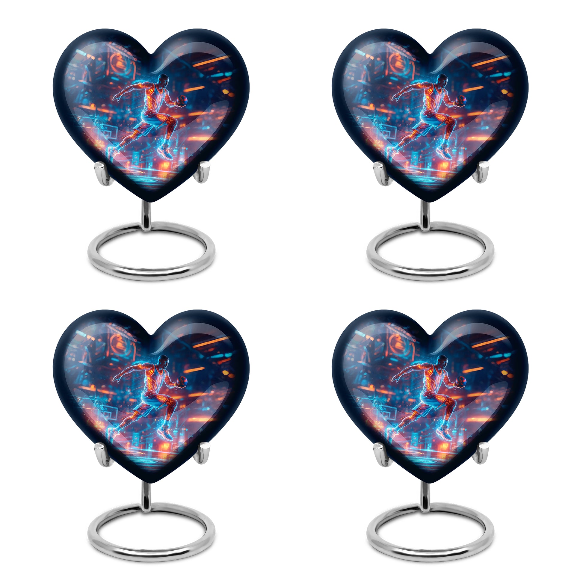 Vivid Blue Basketball Cremation Urn angled view of lid and engraved motif - romantic heart urn with basketball motif on aluminum - 10 inch aluminum urn for cremated remains