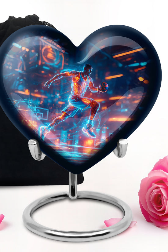 Dusty Blue Basketball Cremation Urn detail view - loving heart memorial featuring basketball pattern - full-size 10 inch 200 cubic inch adult cremation urn