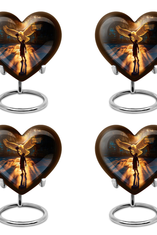 Dark Black Basketball Cremation Urn angled view of lid and engraved motif - romantic heart urn with basketball motif on aluminum - 10 inch aluminum urn for cremated remains