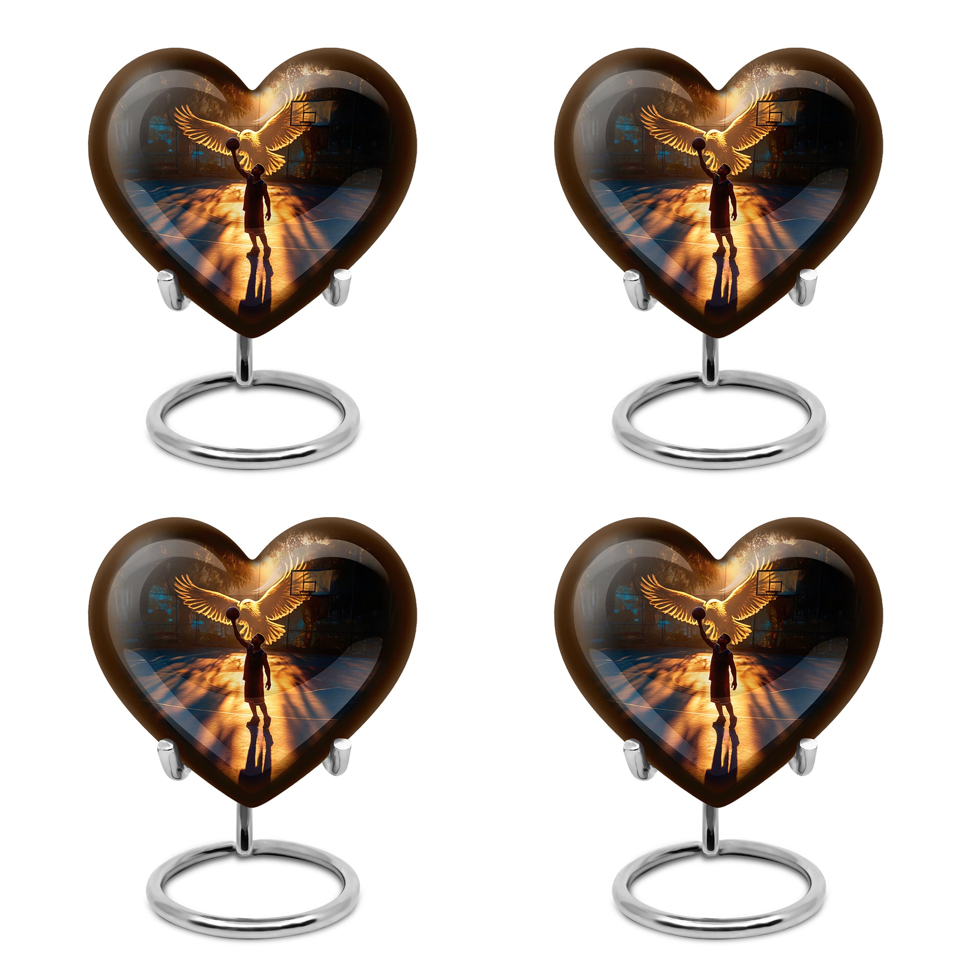 Dark Black Basketball Cremation Urn angled view of lid and engraved motif - romantic heart urn with basketball motif on aluminum - 10 inch aluminum urn for cremated remains