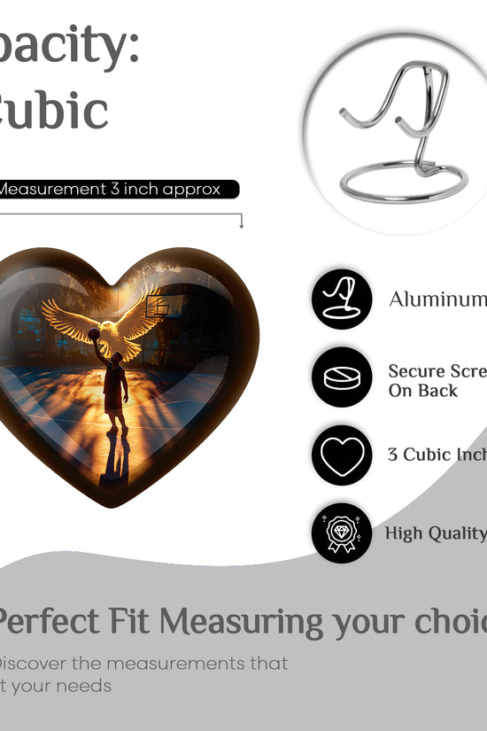 Ebony Basketball Cremation Urn front view showing detailed design - loving heart memorial featuring basketball pattern - mini keepsake memorial for portion of cremation ashes