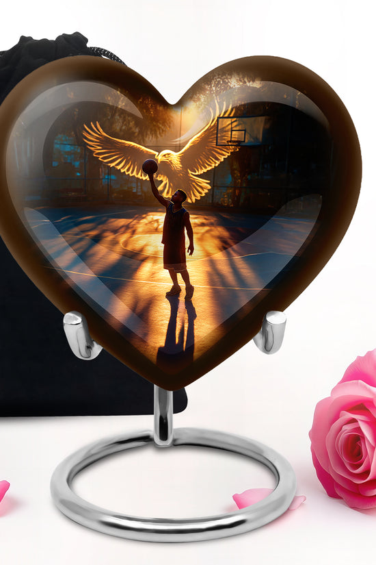Midnight Black Basketball Cremation Urn detail view - compassionate heart-basketball combination with gentle curves - full-size 10 inch 200 cubic inch adult cremation urn