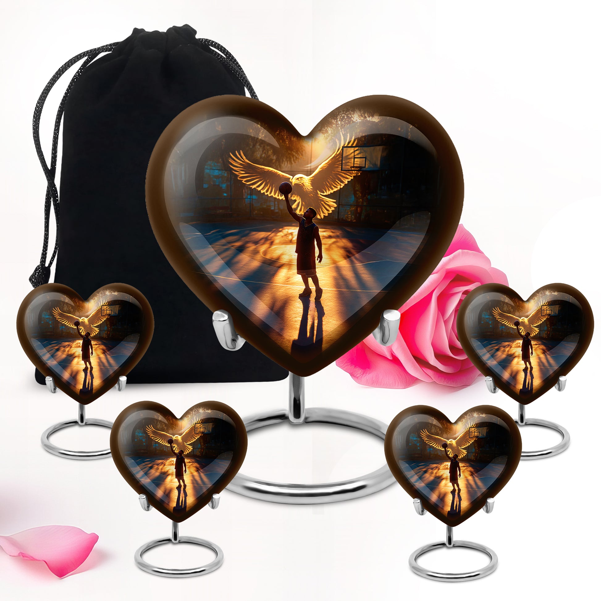Rich Black Basketball Cremation Urn close-up of engraving and surface detail - heart-shaped basketball design symbolizing eternal love - memorial set with one large and four small urns
