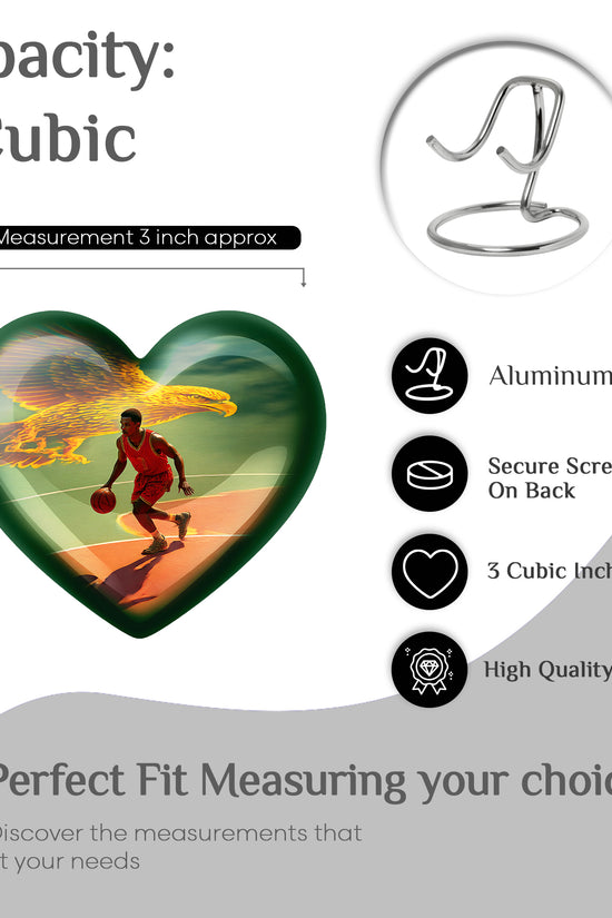 Soft Teal Basketball Cremation Urn front view showing detailed design - loving heart memorial featuring basketball pattern - mini keepsake memorial for portion of cremation ashes