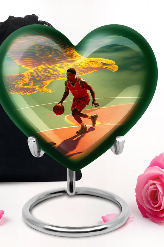 Vivid Teal Basketball Cremation Urn detail view - romantic heart urn with basketball motif on aluminum - full-size 10 inch 200 cubic inch adult cremation urn