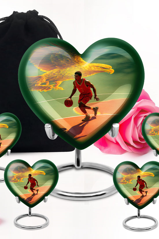 Aqua Teal Basketball Cremation Urn close-up of engraving and surface detail - compassionate heart-basketball combination with gentle curves - memorial set with one large and four small urns